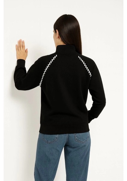 Kadın Oversize Dik Yaka Fermuarlı Sweatshirt - Zincir Nakışli Kanguru Cepli, - Siyah fiyatları