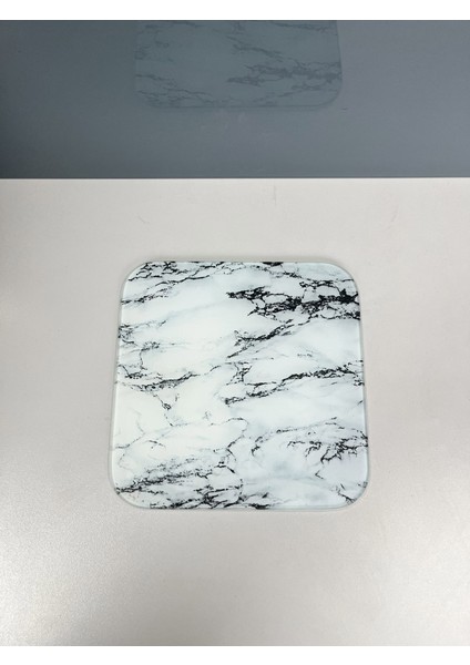 22x22cm - Beyaz Mermer, Cam Kesme Tahtası - Sunumluk