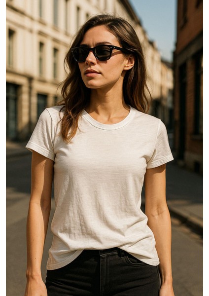 Kadın %100 Organik Pamuklu Relaxed Yıkamalı T-Shirt Bisiklet Yaka Kısa Kollu Kadın Basic Tişört