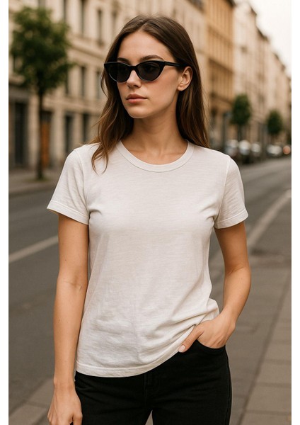 Kadın %100 Organik Pamuklu Relaxed Yıkamalı T-Shirt Bisiklet Yaka Kısa Kollu Kadın Basic Tişört indirimleri