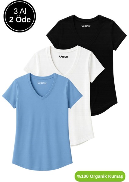 Kadın 3'lü Paket Siyah-Beyaz-Mavi %100 Organik Pamuk Normal Kesim Tişört V Yaka T-Shirt
