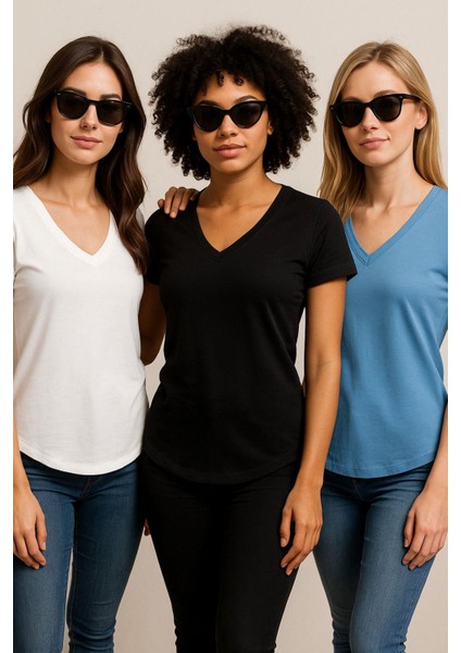 Kadın 3'lü Paket Siyah-Beyaz-Mavi %100 Organik Pamuk Normal Kesim Tişört V Yaka T-Shirt modelleri