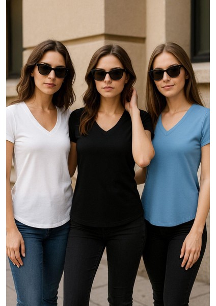 Kadın 3'lü Paket Siyah-Beyaz-Mavi %100 Organik Pamuk Normal Kesim Tişört V Yaka T-Shirt fırsatları