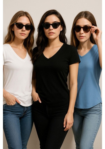 Kadın 3'lü Paket Siyah-Beyaz-Mavi %100 Organik Pamuk Normal Kesim Tişört V Yaka T-Shirt indirimleri