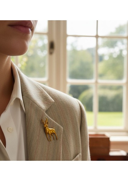 Geyik Figürlü Koyu Altın Sarı Metal Broş