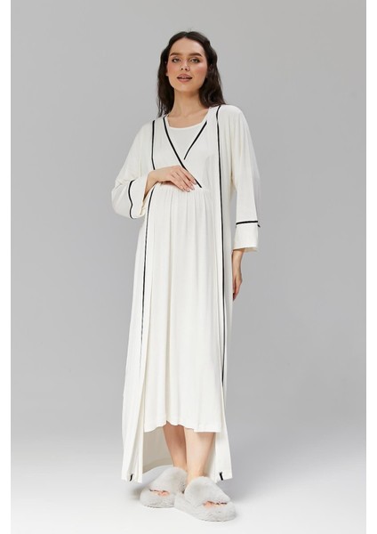 Pamuklu Biyeli Kruvaze Yaka Emzirmeye Hastane ve Günlük Kullanıma Uygun Gecelik Sabahlık Takımı