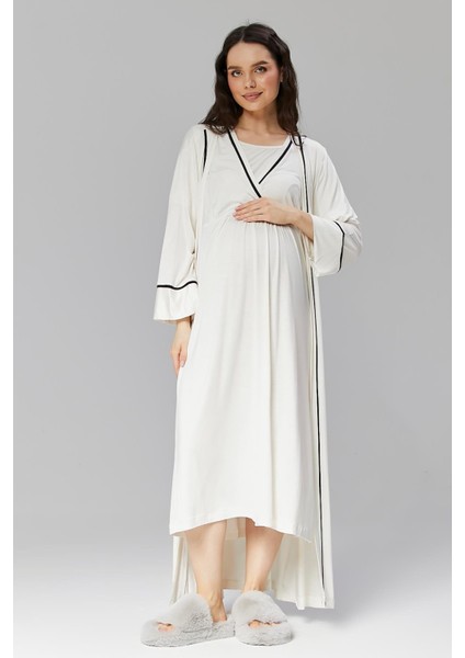 Pamuklu Biyeli Kruvaze Yaka Emzirmeye Hastane ve Günlük Kullanıma Uygun Gecelik Sabahlık Takımı indirimleri