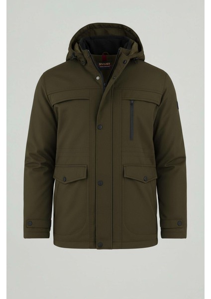 Erkek Yeşil Pamuk Polyester Karışımlı Kürklü Çıkartılabilir Kapüşonlu Mont&kaban