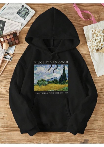 Unisex Vincent Van Gogh Baskılı Oversize Kapüşonlu Sweatshirt