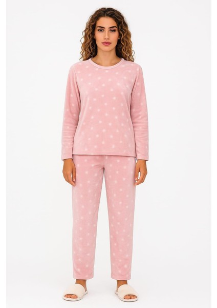 Kadın 13504-1430 Uzun Kol Kadife Pijama Takımı Pembe