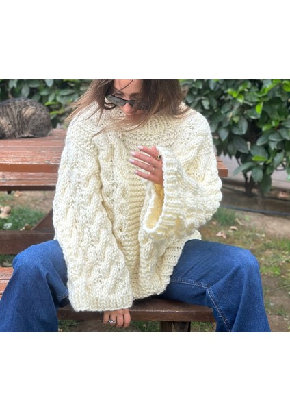 Kadın Oversize Kazak Örgü Beyaz Cardigan Salaş Kalın Üst modelleri
