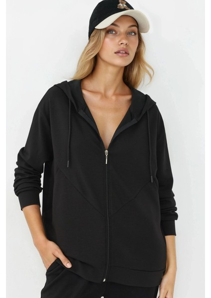 Kadın Modal Touch Fermuarlı Kapşonlu Sweatshirt Siyah