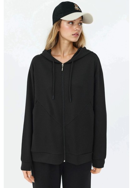 Kadın Modal Touch Fermuarlı Kapşonlu Sweatshirt Siyah fırsatları