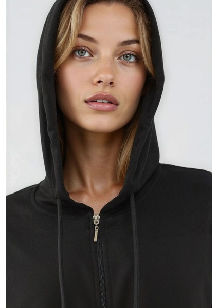 Kadın Modal Touch Fermuarlı Kapşonlu Sweatshirt Siyah