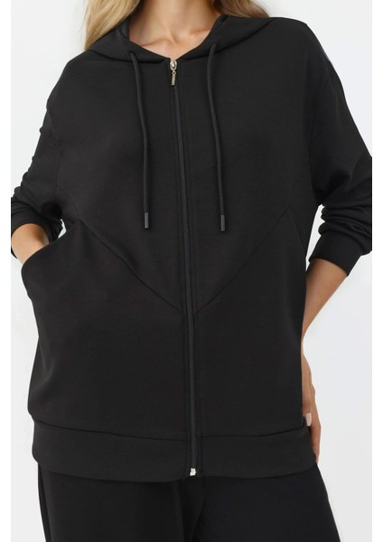 Kadın Modal Touch Fermuarlı Kapşonlu Sweatshirt Siyah