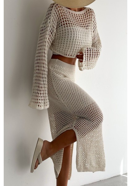 Kadın Örgü Dokulu Yırtmaçlı Midi Etek – Hafif & Yazlık Stil modelleri