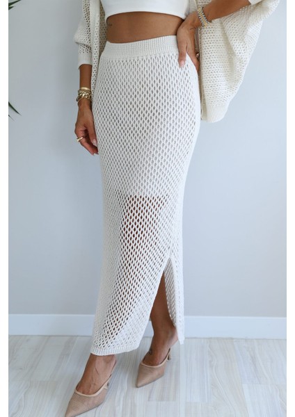 Kadın Örgü Dokulu Yırtmaçlı Midi Etek – Hafif & Yazlık Stil fırsatları