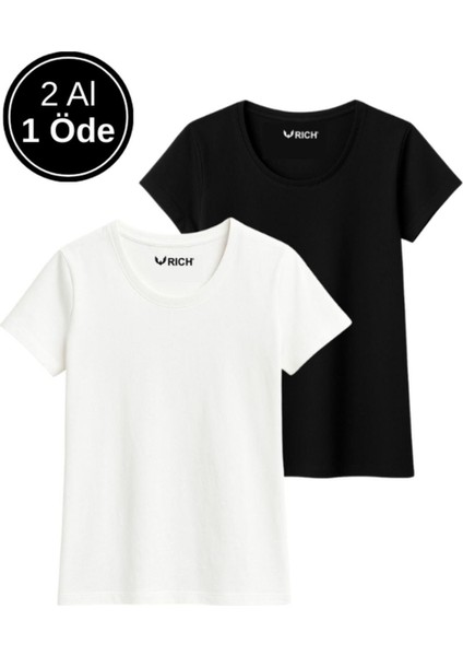Kadın %100 Pamuk 2'li Paket Kısa Kollu Yuvarlak Yaka Tişört