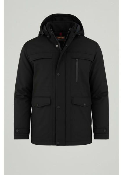 Erkek Siyah Pamuk Polyester Karışımlı Kürklü Çıkartılabilir Kapüşonlu Mont&kaban