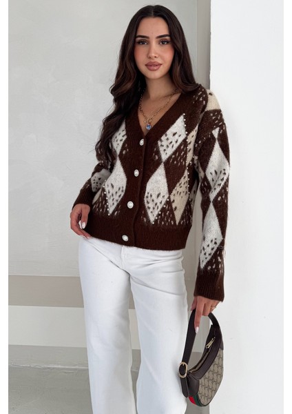 Kadın Argyle Desenli Triko Hırka – Retro & Zarif Stil