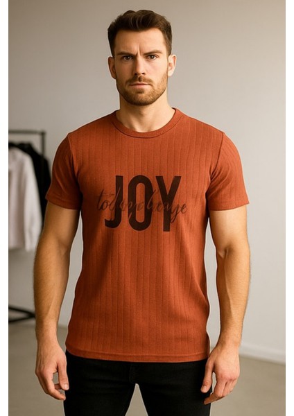 Erkek Kiremit Rengi Rahat Kalıp Önyüzü Baskılı Tişört