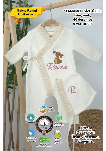 Müslin Yeni Doğan 4katlı Organik %100PAMUK Kişiye Özgü Nakışlı Hastane Çıkış Seti (Tavşan Model-5)