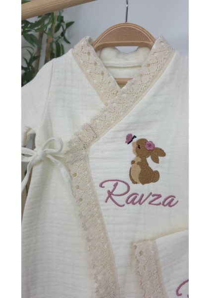 Müslin Yeni Doğan 4katlı Organik %100PAMUK Kişiye Özgü Nakışlı Hastane Çıkış Seti (Tavşan Model-5) modelleri