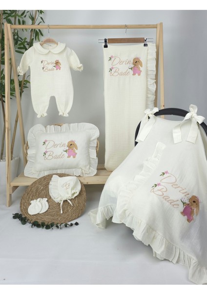 Müslin Yeni Doğan 4katlı Organik %100PAMUK Kişiye Özgü Nakışlı Hastane Çıkış Seti(Tavşan Model-3) fiyatları