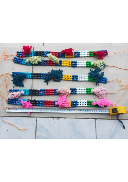 3 Sıra Boncuklu Püsküllü Renkli Tasma 1 Adet Yular 3.5X57 cm Boncuk Uzunluğu