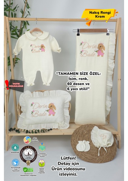 Müslin Yeni Doğan 4katlı Organik %100PAMUK Kişiye Özgü Nakışlı Hastane Çıkış Seti(Tavşan Model-3)