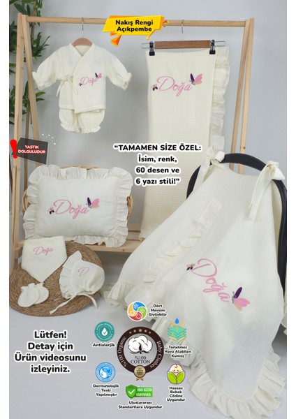 Müslin Yeni Doğan 4katlı Organik %100PAMUK Kişiye Özgü Nakışlı Hastane Çıkış Seti (Kelebek Model-1)