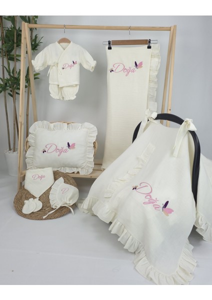 Müslin Yeni Doğan 4katlı Organik %100PAMUK Kişiye Özgü Nakışlı Hastane Çıkış Seti (Kelebek Model-1) fiyatları