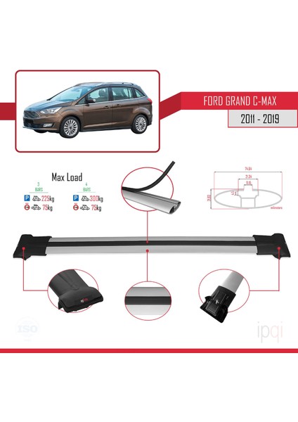 Ford Grand C-Max (C344) 2011-2019 Arası ile Uyumlu Fly Model Ara Atkı Tavan Barı Gri 3 Adet modelleri