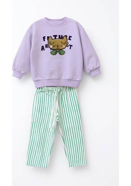 Kız Çocuk Aplike Detaylı 3 Iplik Pamuklu Kumaş Alt Üst Takım