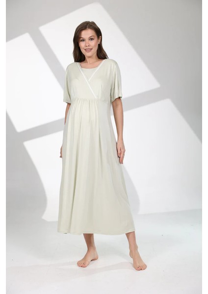 Pamuklu Biyeli Kruvaze Yaka Emzirmeye Hastane ve Günlük Kullanıma Uygun Gecelik Sabahlık Takımı