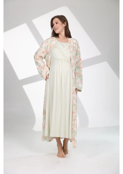 Pamuklu Biyeli Kruvaze Yaka Emzirmeye Hastane ve Günlük Kullanıma Uygun Gecelik Sabahlık Takımı