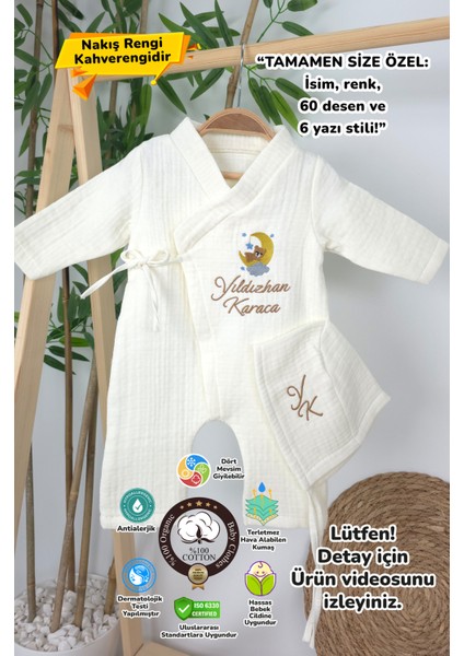 Müslin Yeni Doğan 4katlı Organik %100PAMUK Kişiye Özgü Nakışlı Hastane Çıkış Seti(Ay Yıldızlıayıcık)