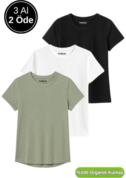 Kadın 3'lü Paket Siyah-Beyaz-Koyu Mint %100 Organik Pamuk Normal Kesim Tişört Bisiklet Yaka T-Shirt