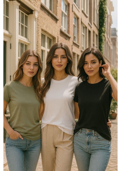 Kadın 3'lü Paket Siyah-Beyaz-Koyu Mint %100 Organik Pamuk Normal Kesim Tişört Bisiklet Yaka T-Shirt fiyatları
