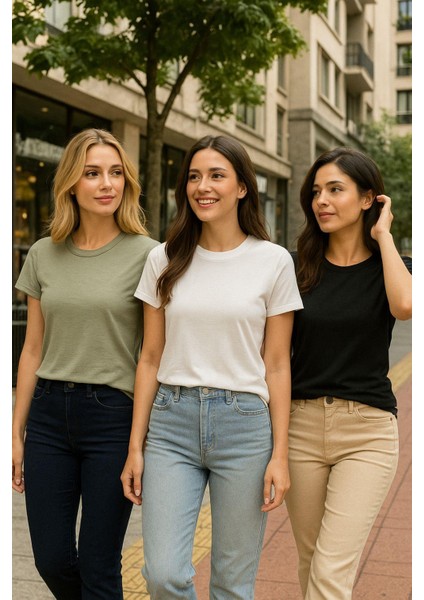 Kadın 3'lü Paket Siyah-Beyaz-Koyu Mint %100 Organik Pamuk Normal Kesim Tişört Bisiklet Yaka T-Shirt modelleri