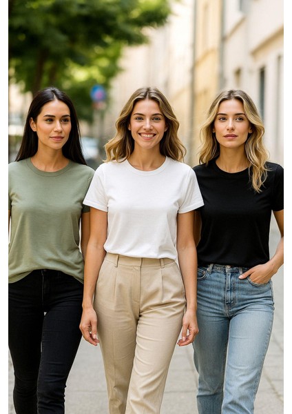 Kadın 3'lü Paket Siyah-Beyaz-Koyu Mint %100 Organik Pamuk Normal Kesim Tişört Bisiklet Yaka T-Shirt fırsatları