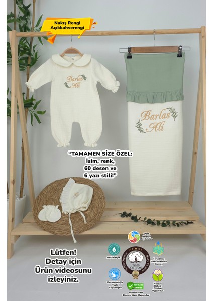 Müslin Yeni Doğan 4katlı Organik %100PAMUK Kişiye Özgü Nakışlı Hastane Çıkış Seti (Iki Dal Model-1)