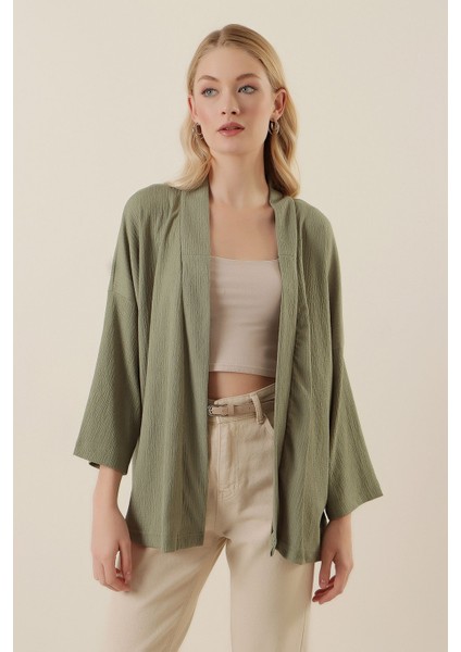 Kadın Bdart Dokulu Rahat Fit Şal Yaka Kimono Çam Yeşili