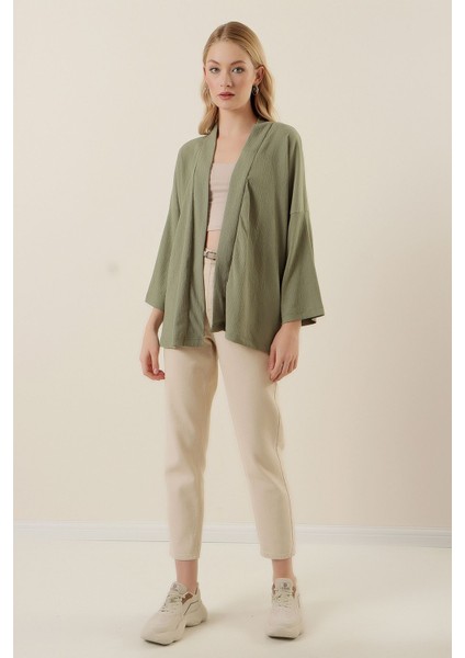 Kadın Bdart Dokulu Rahat Fit Şal Yaka Kimono Çam Yeşili