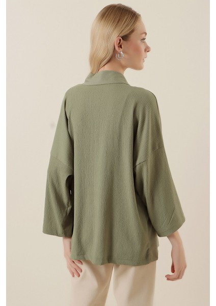 Kadın Bdart Dokulu Rahat Fit Şal Yaka Kimono Çam Yeşili