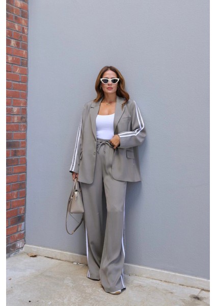 Soft Haki Şerit Detay Blazer Pantolon Takım