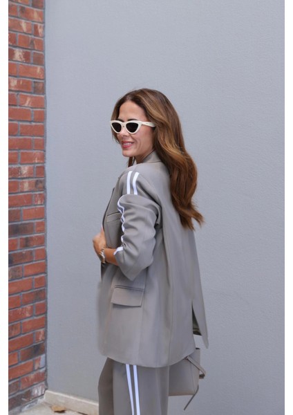 Soft Haki Şerit Detay Blazer Pantolon Takım modelleri
