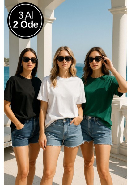 Kadın 3'lü Paket Yeşil-Beyaz-Siyah %100 Pamuk Oversize Basic Tişört Bisiklet Yaka Relaxed T-Shirt