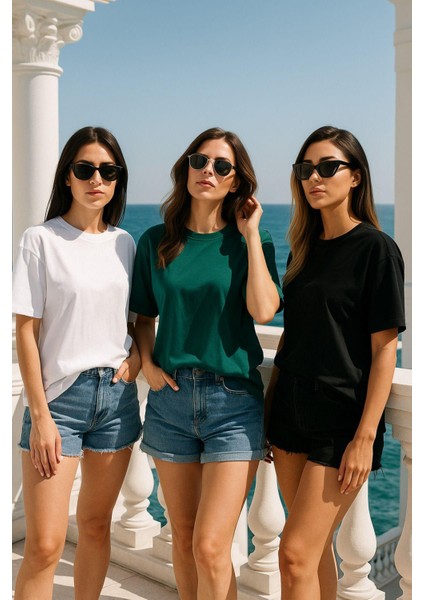 Kadın 3'lü Paket Yeşil-Beyaz-Siyah %100 Pamuk Oversize Basic Tişört Bisiklet Yaka Relaxed T-Shirt fiyatları