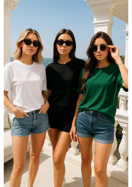 Kadın 3'lü Paket Yeşil-Beyaz-Siyah %100 Pamuk Oversize Basic Tişört Bisiklet Yaka Relaxed T-Shirt fırsatları